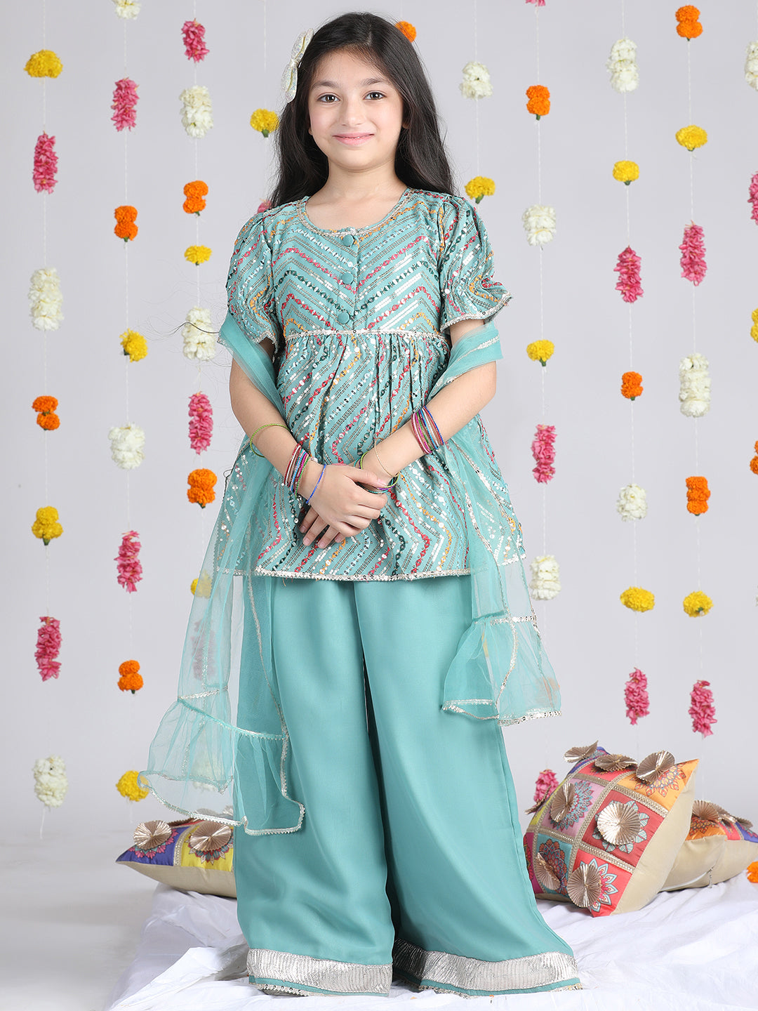 Cutiekins Girls Embroidered Puffed Sleeves A-Line Kurta With Palazzos & Dupatta -Rama Green & Multi