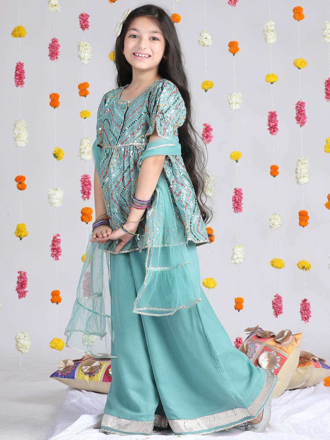 Cutiekins Girls Embroidered Puffed Sleeves A-Line Kurta With Palazzos & Dupatta -Rama Green & Multi
