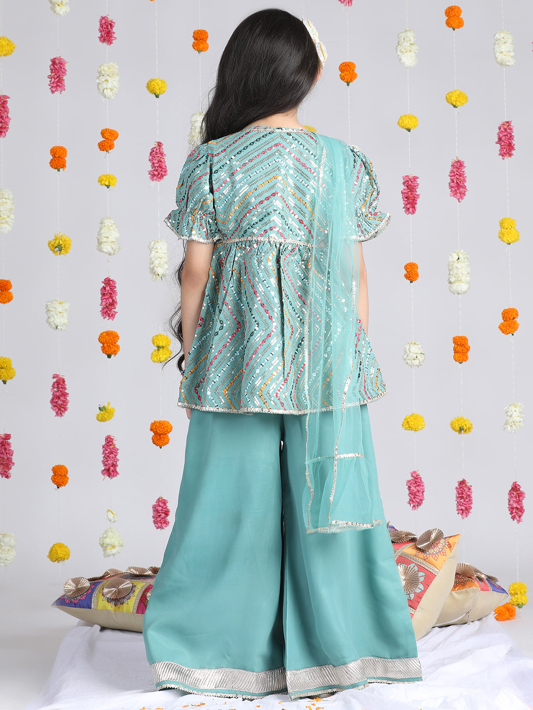 Cutiekins Girls Embroidered Puffed Sleeves A-Line Kurta With Palazzos & Dupatta -Rama Green & Multi