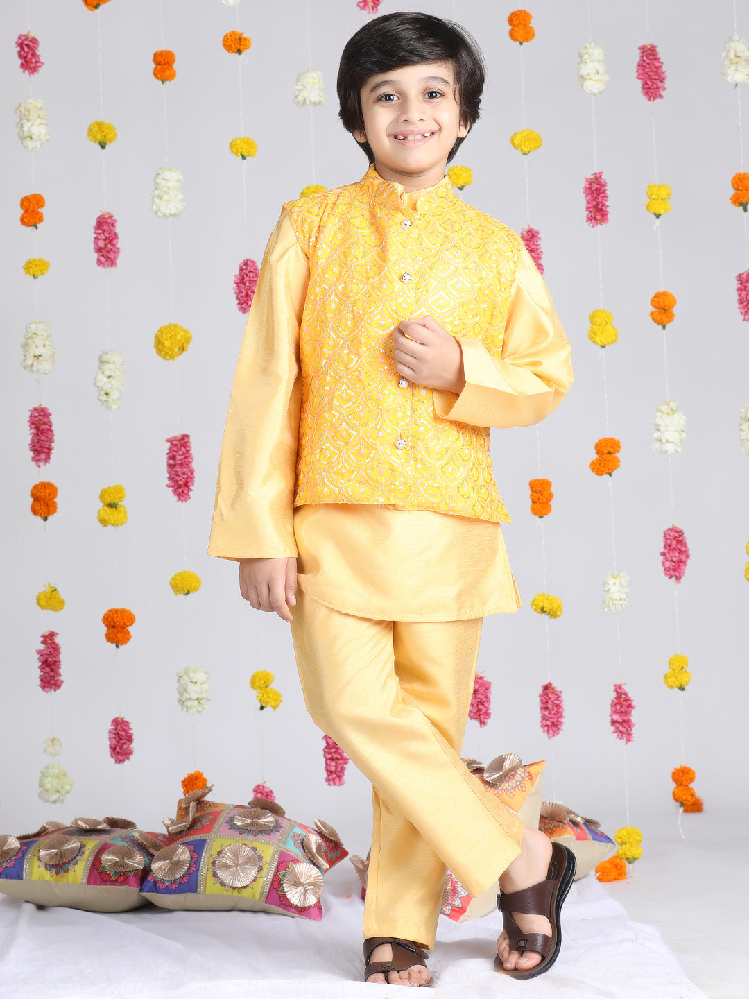 Cutiekins Boys Regular Thread Work Kurta & Pyjama with Jacket -Yellow & Silver