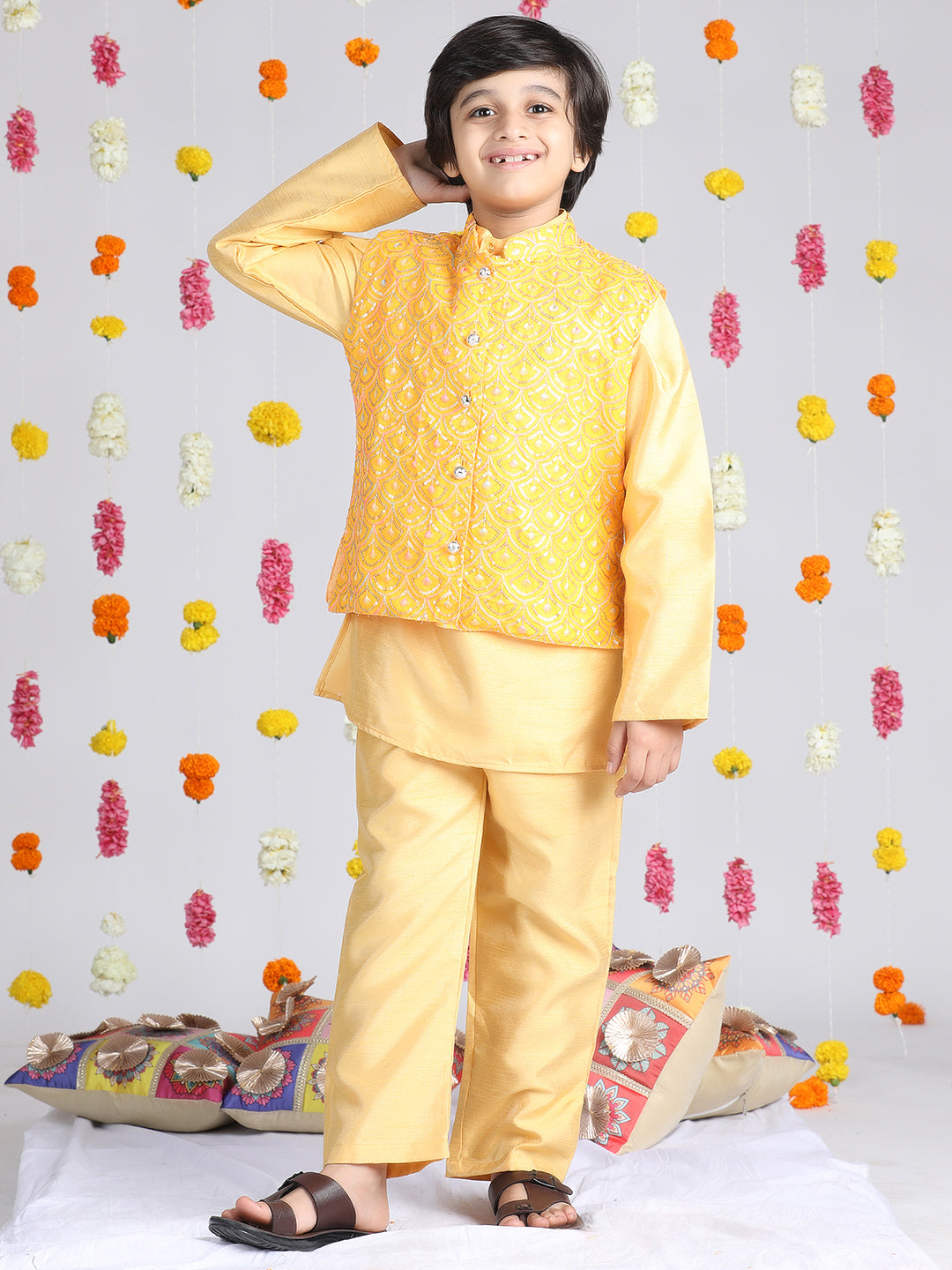 Cutiekins Boys Regular Thread Work Kurta & Pyjama with Jacket -Yellow & Silver