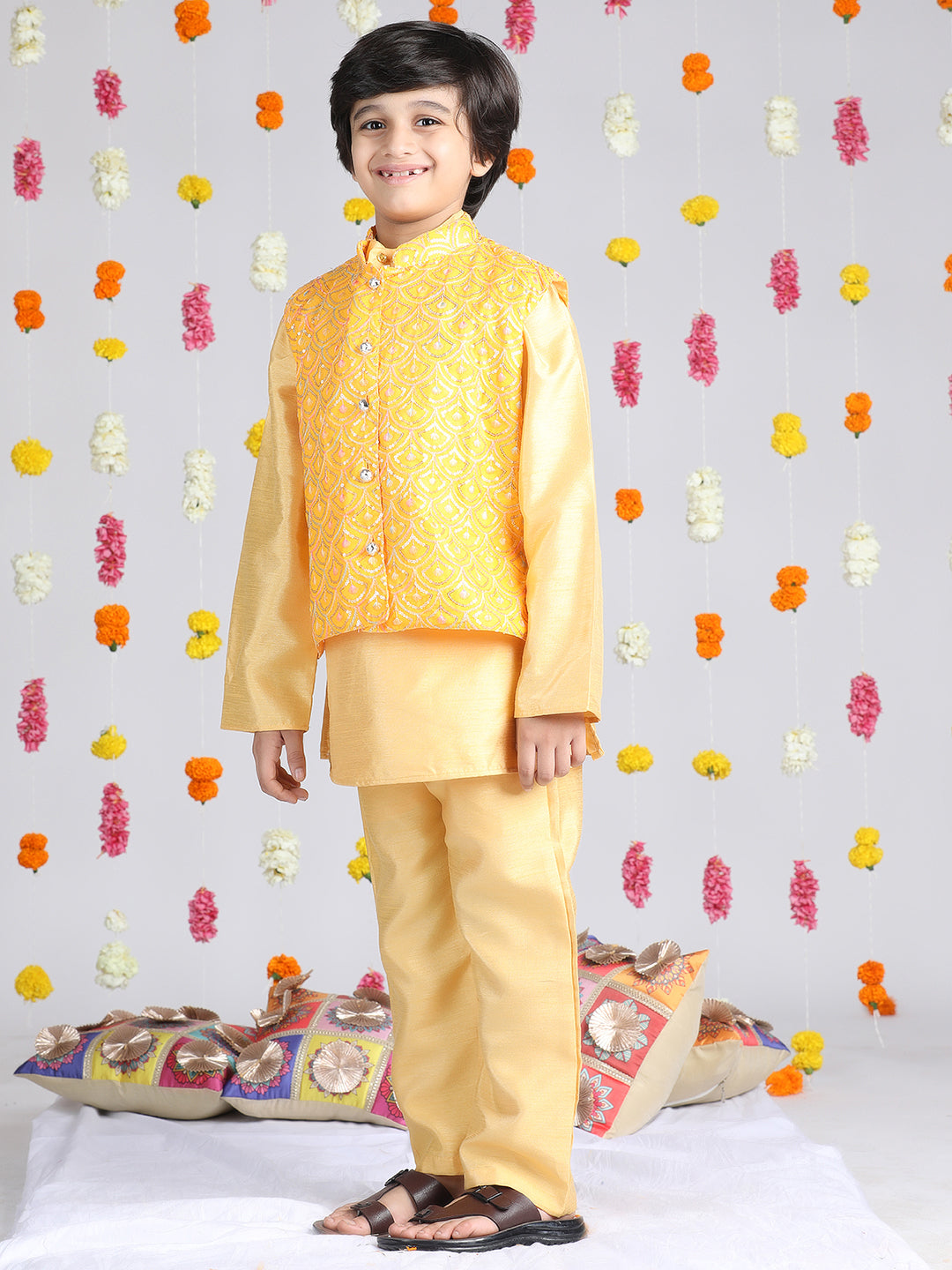 Cutiekins Boys Regular Thread Work Kurta & Pyjama with Jacket -Yellow & Silver