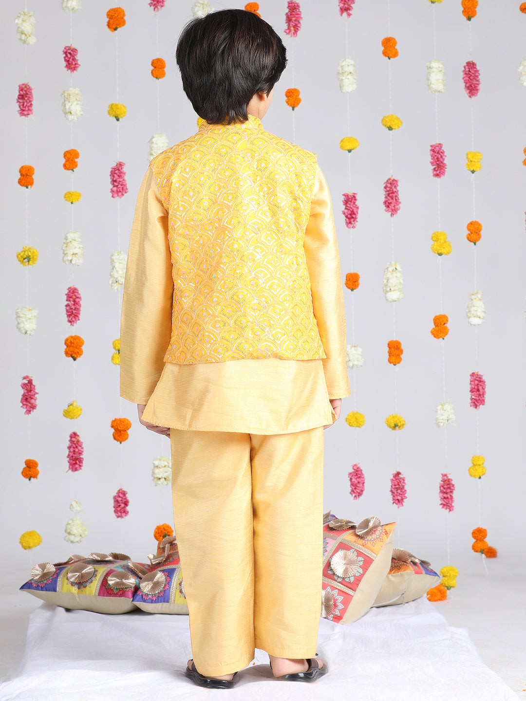 Cutiekins Boys Regular Thread Work Kurta & Pyjama with Jacket -Yellow & Silver