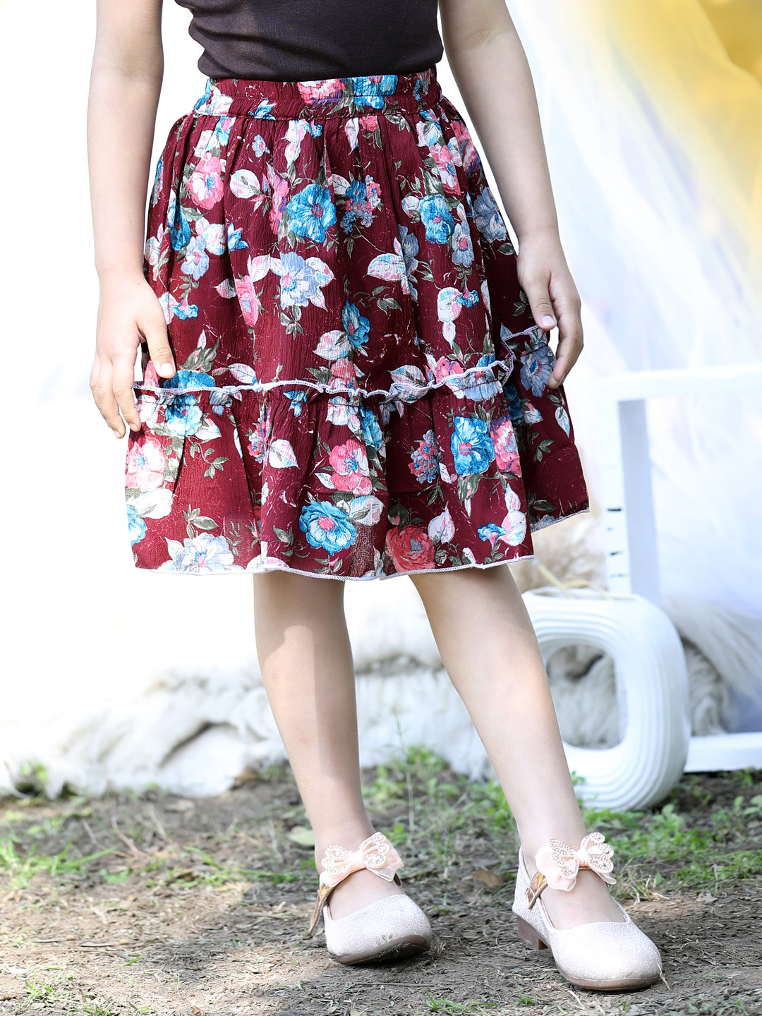 Cutiekins Floral Print Flared Skirts-Maroon & White