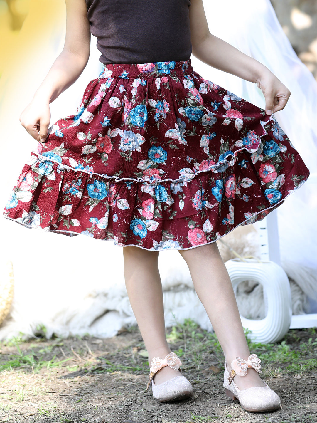 Cutiekins Floral Print Flared Skirts-Maroon & White