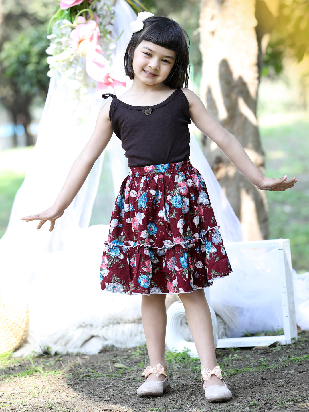 Cutiekins Floral Print Flared Skirts-Maroon & White
