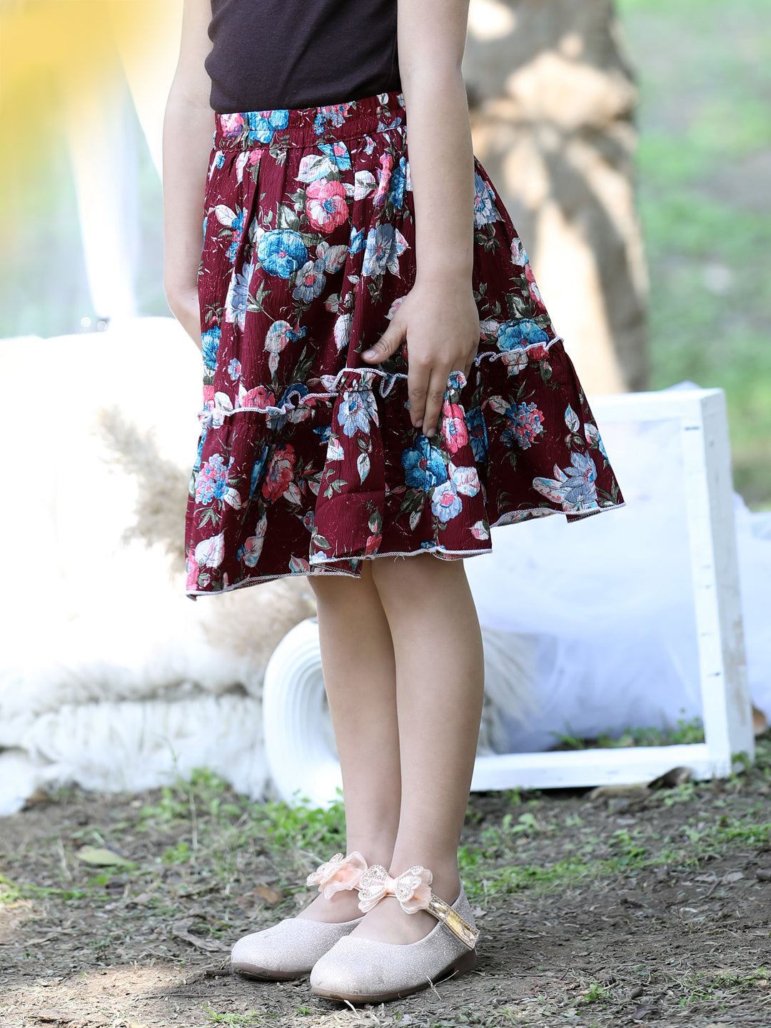 Cutiekins Floral Print Flared Skirts-Maroon & White