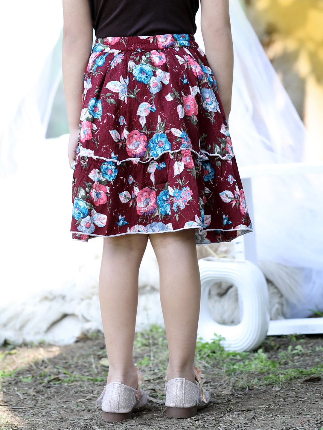 Cutiekins Floral Print Flared Skirts-Maroon & White