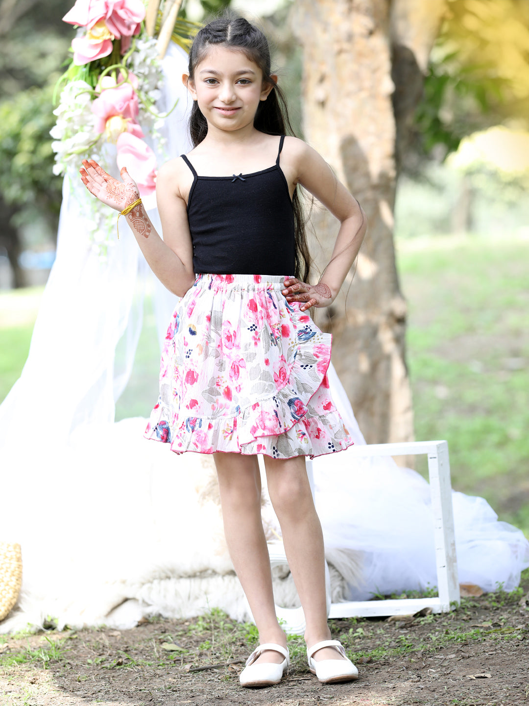 Cutiekins Floral Print Flared Skirts-White & Pink