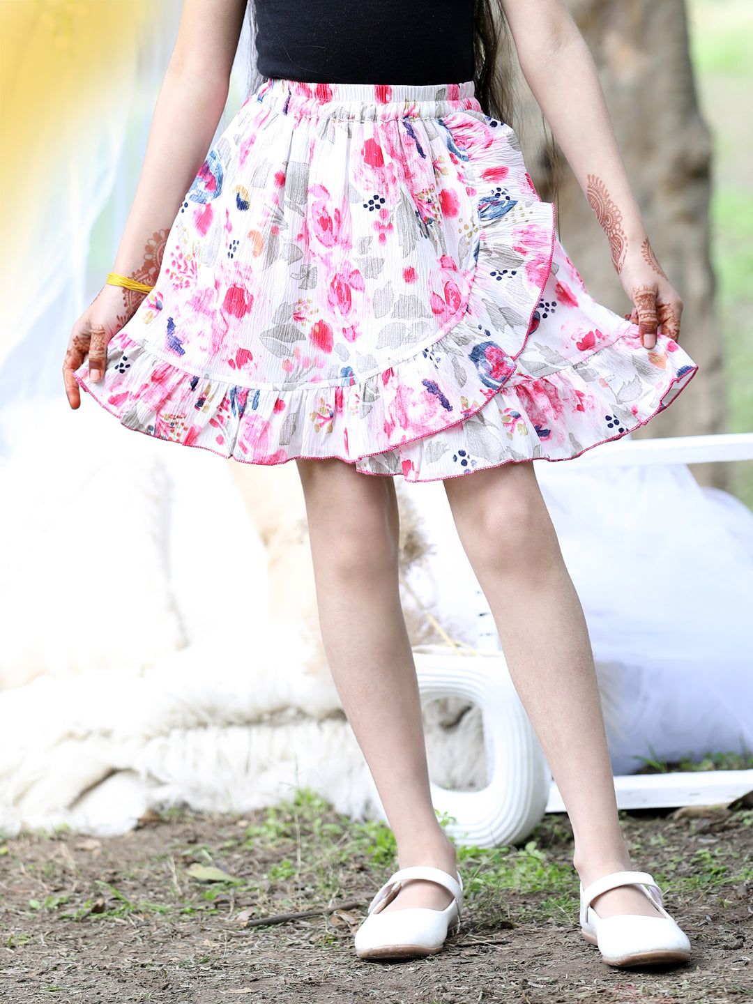 Cutiekins Floral Print Flared Skirts-White & Pink
