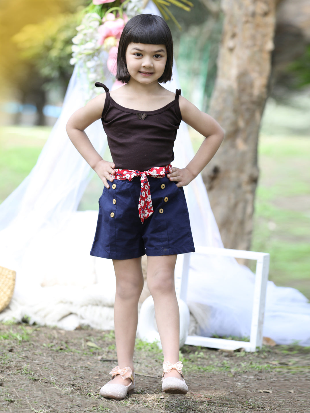 Cutiekins Solid Cotton Regular Shorts-Navy Blue & Red