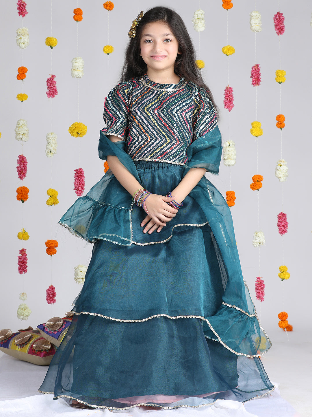 Cutiekins Girls Embroidered Sequinned Ready to Wear Lehenga & Choli With Dupatta -Teal & Silver