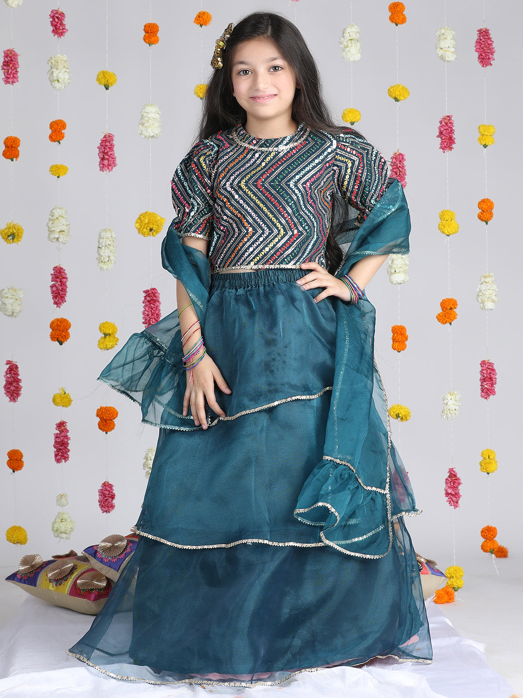 Cutiekins Girls Embroidered Sequinned Ready to Wear Lehenga & Choli With Dupatta -Teal & Silver