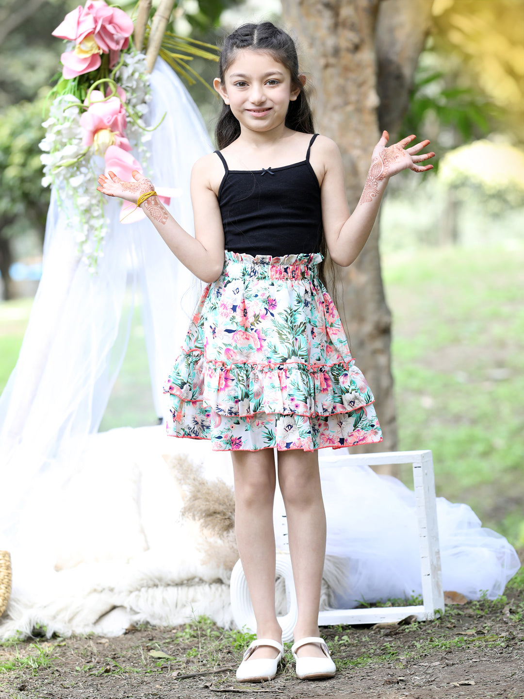 Cutiekins Floral Print Flared Skirts-Off White & Pink