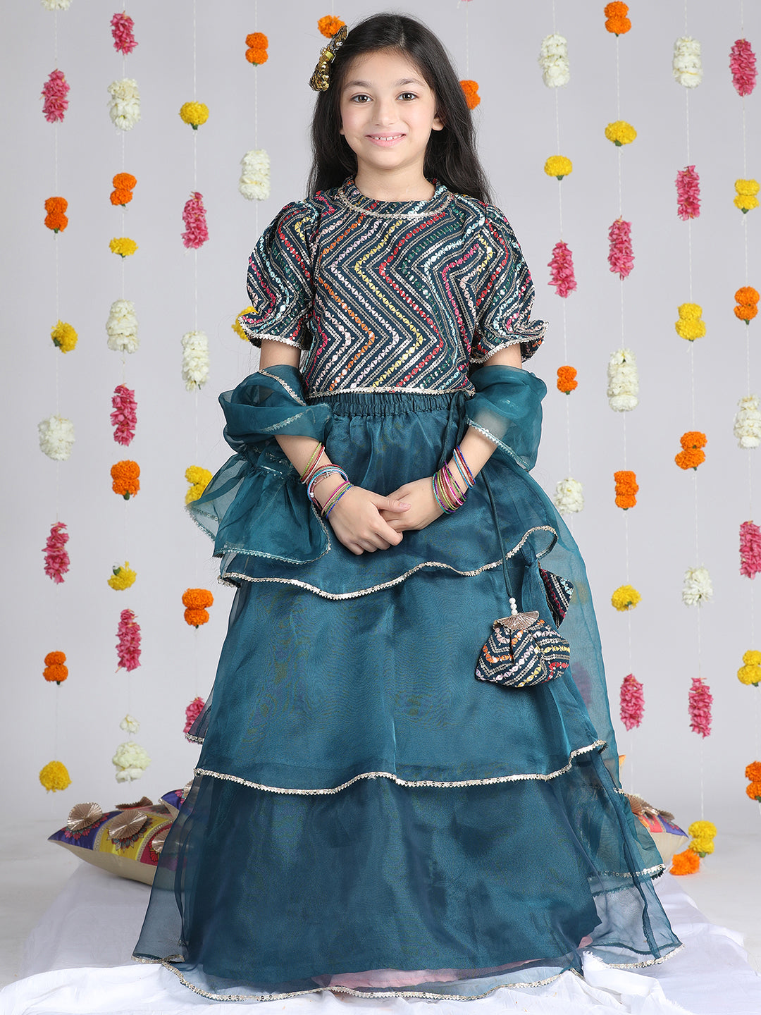 Cutiekins Girls Embroidered Sequinned Ready to Wear Lehenga & Choli With Dupatta -Teal & Silver
