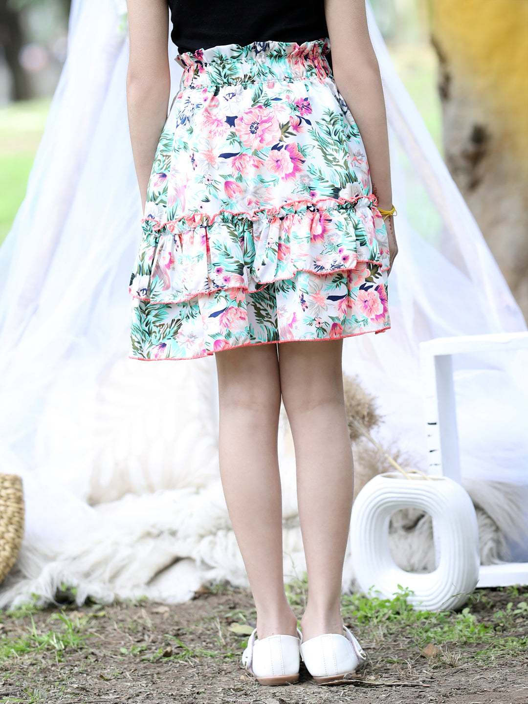 Cutiekins Floral Print Flared Skirts-Off White & Pink