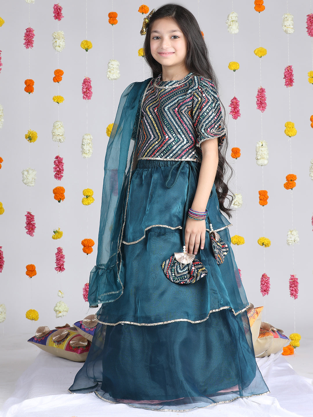 Cutiekins Girls Embroidered Sequinned Ready to Wear Lehenga & Choli With Dupatta -Teal & Silver