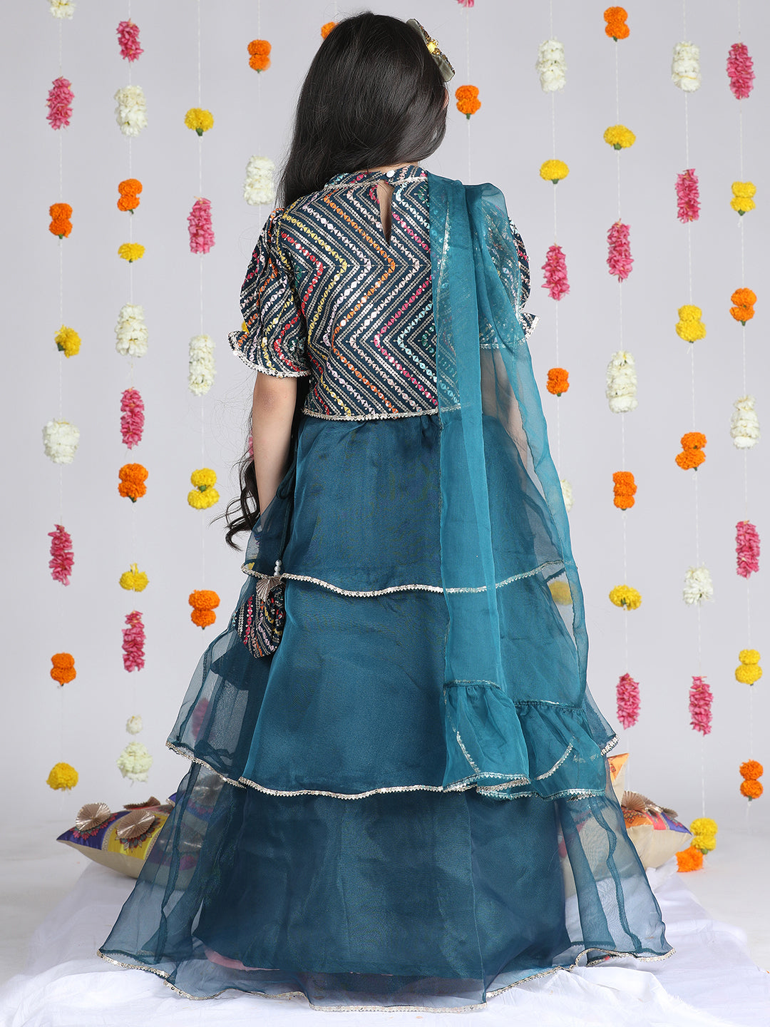 Cutiekins Girls Embroidered Sequinned Ready to Wear Lehenga & Choli With Dupatta -Teal & Silver