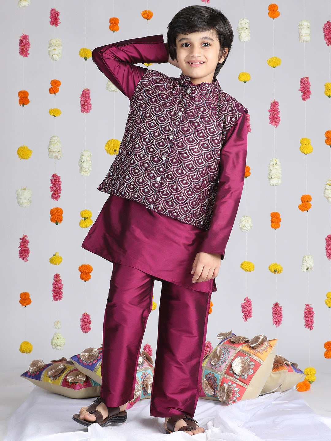 Cutiekins Boys Solid Kurta & Pyjamas with Embroidered Jacket -Wine & Silver