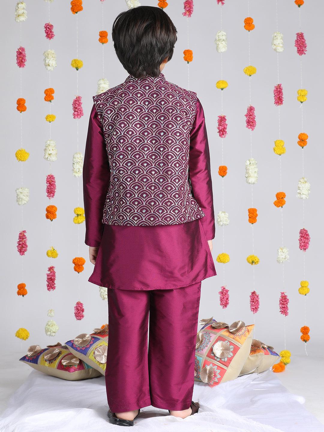 Cutiekins Boys Solid Kurta & Pyjamas with Embroidered Jacket -Wine & Silver