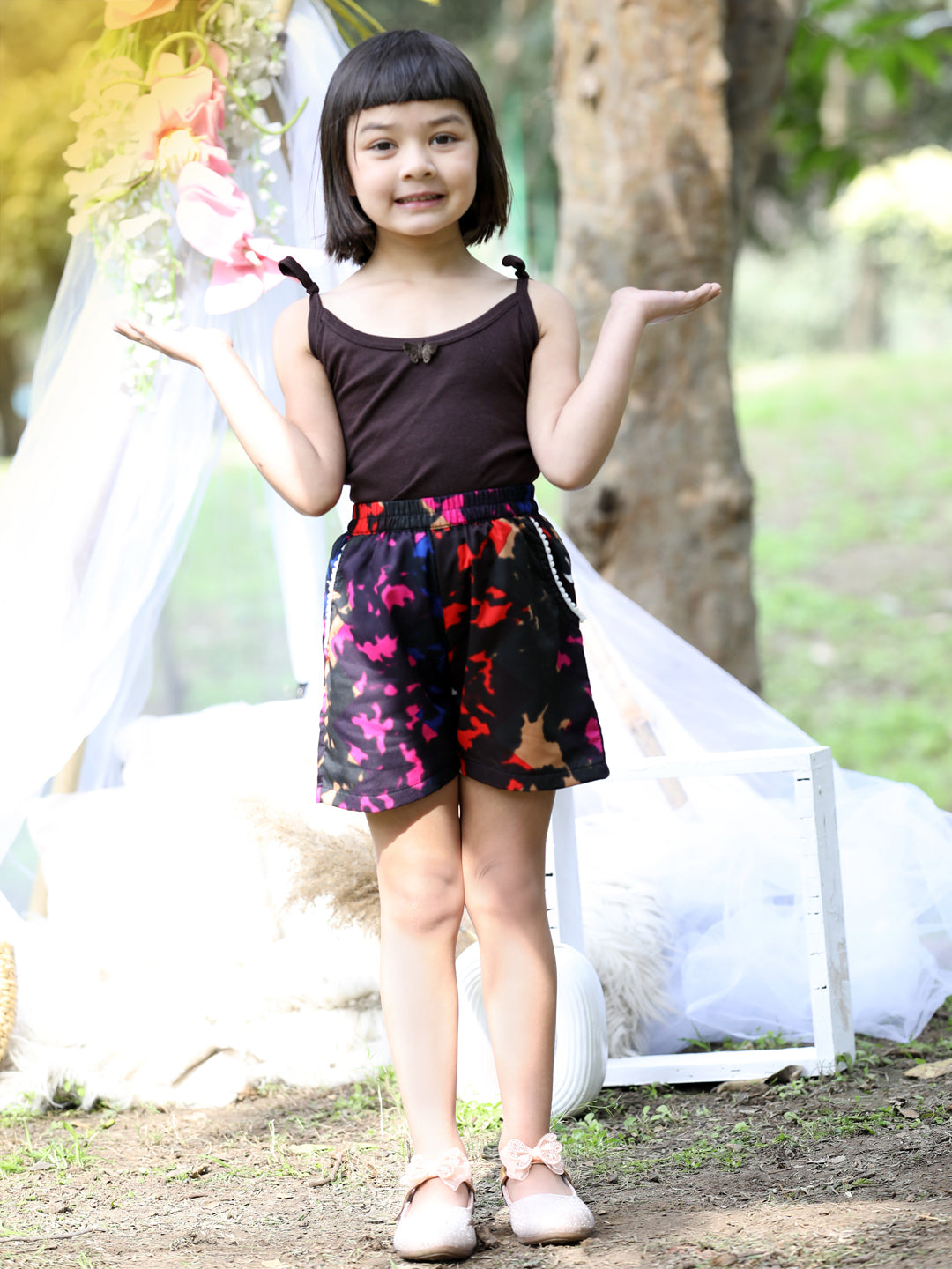 Cutiekins Printed Polyester Regular Shorts-Black & Pink