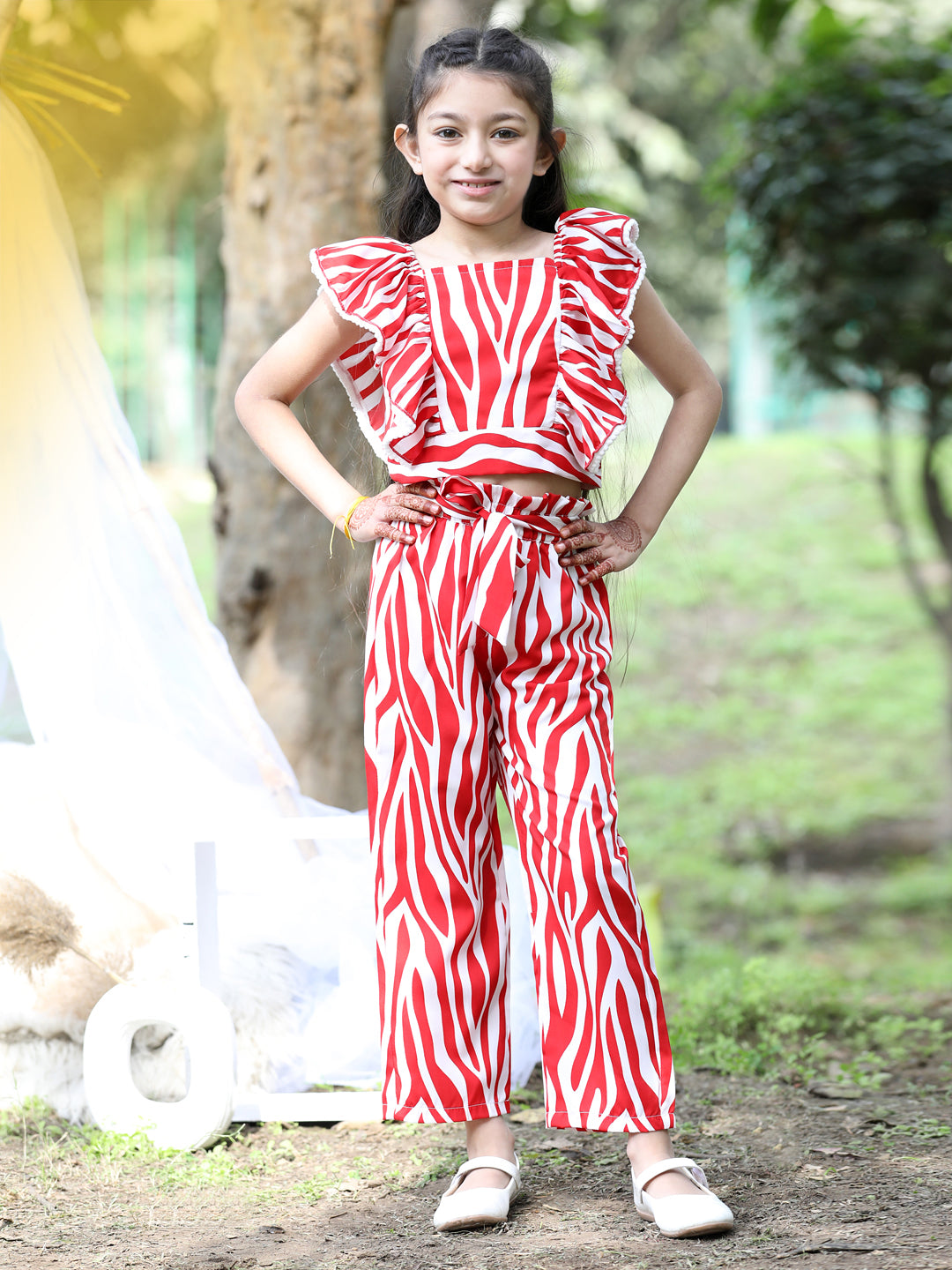 Cutiekins Square Neck Printed Crop Top & Trousers Set -Red & White
