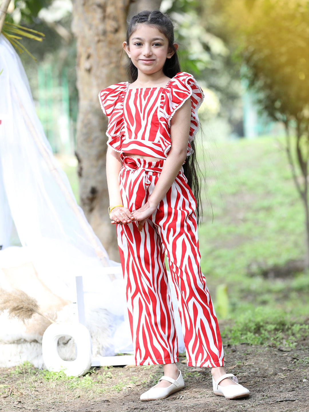 Cutiekins Square Neck Printed Crop Top & Trousers Set -Red & White