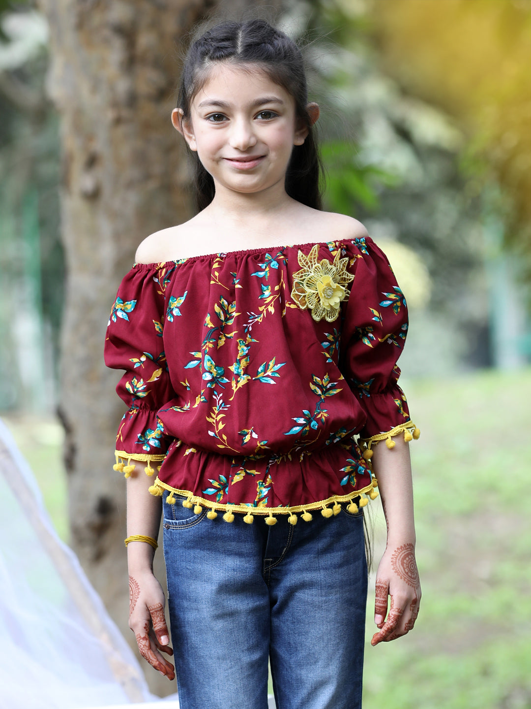 Cutiekins Off-Shoulder Printed Crop Top- Maroon & Yellow