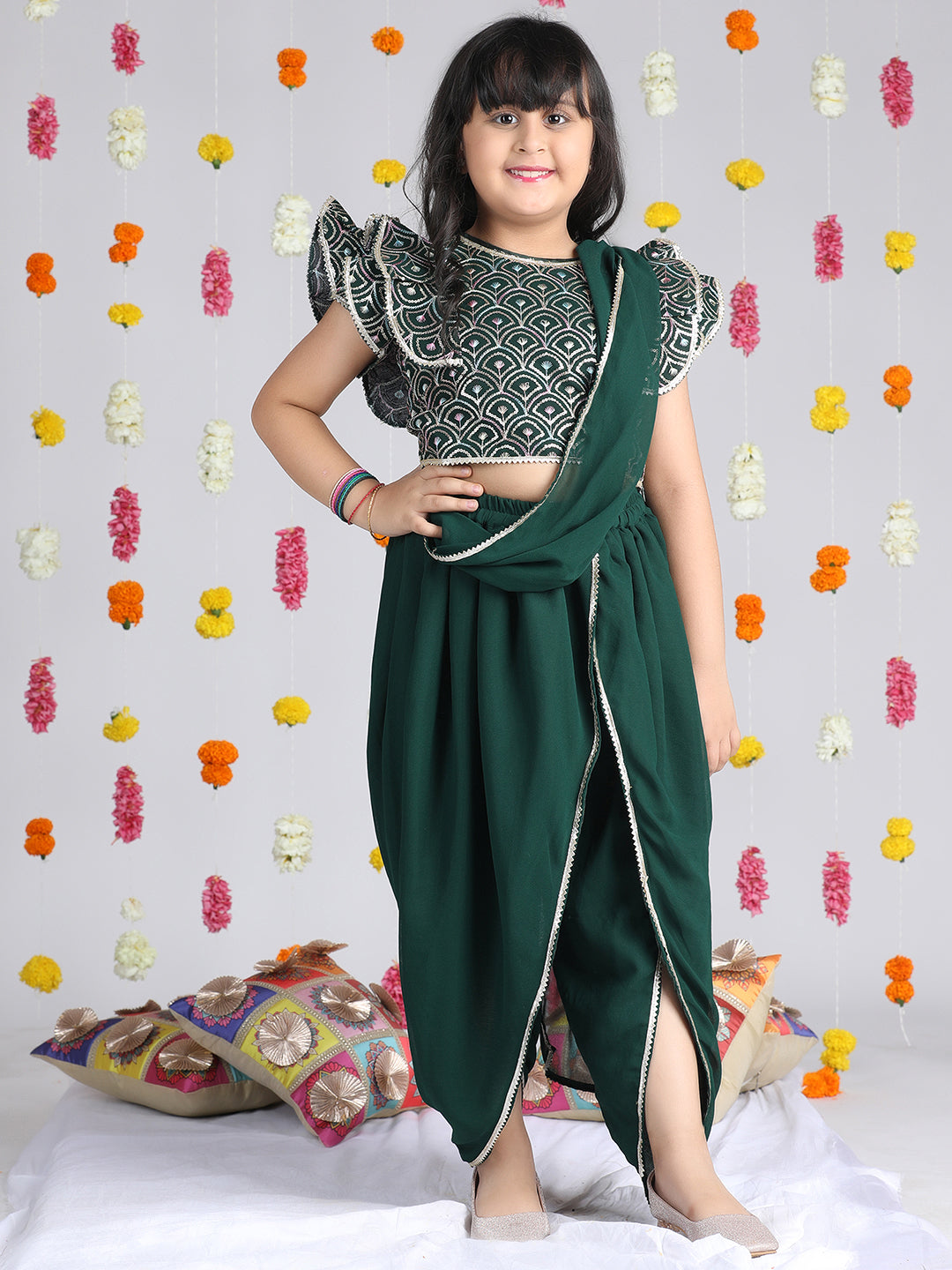 Cutiekins Girls Ethnic Motifs Embroidered Regular Gotta Patti Top with Dhoti Pants & Dupatta -Dark Green & Gold