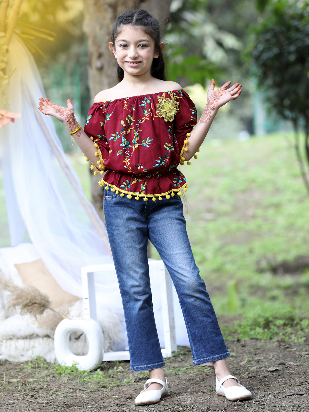 Cutiekins Off-Shoulder Printed Crop Top- Maroon & Yellow