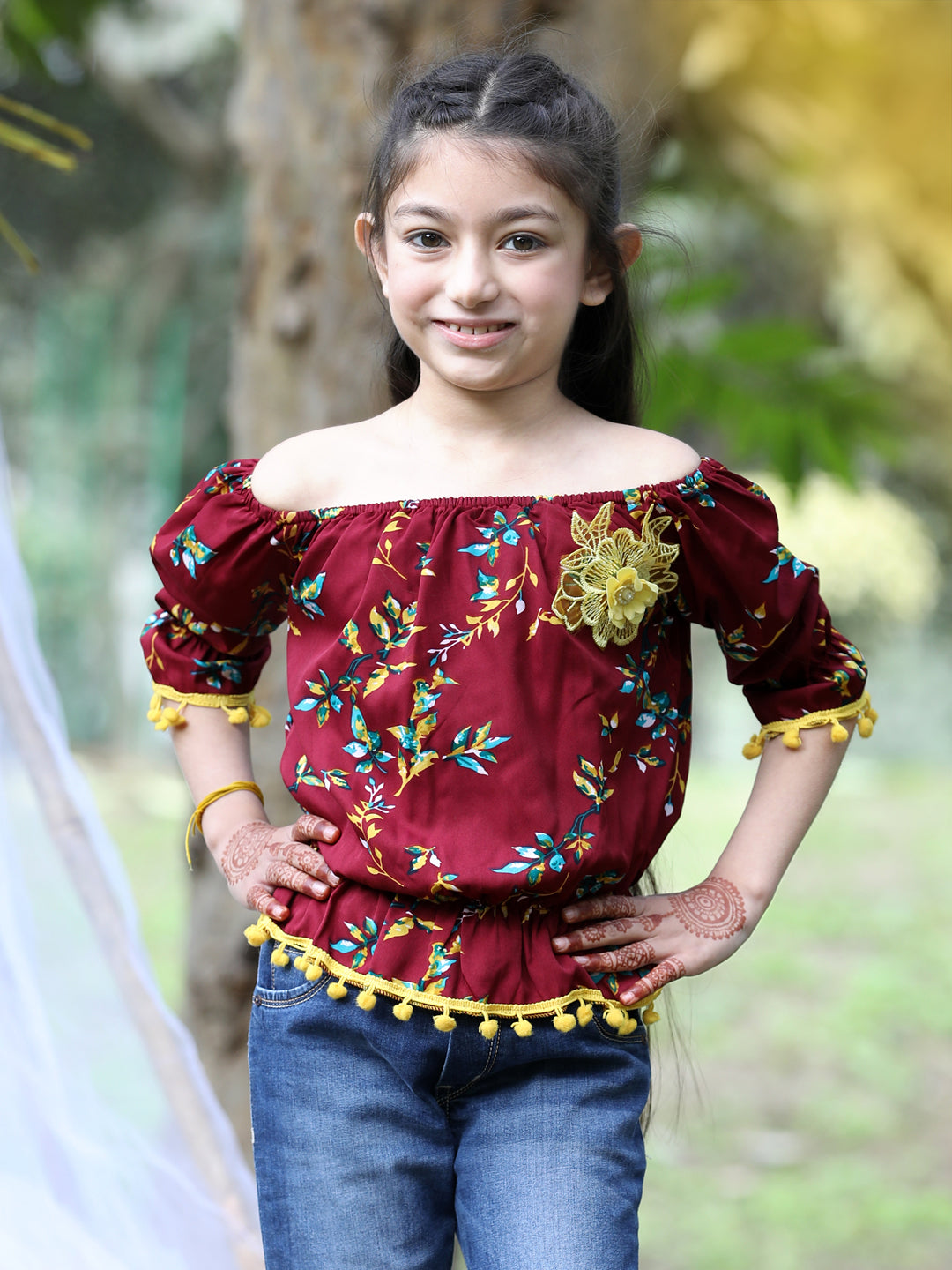 Cutiekins Off-Shoulder Printed Crop Top- Maroon & Yellow