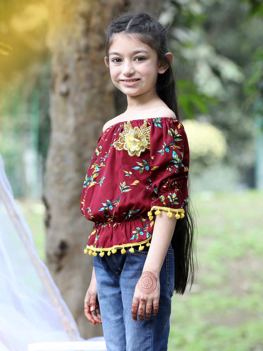 Cutiekins Off-Shoulder Printed Crop Top- Maroon & Yellow