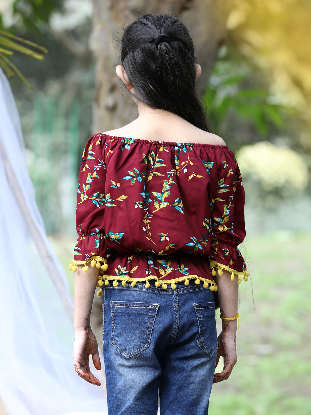 Cutiekins Off-Shoulder Printed Crop Top- Maroon & Yellow