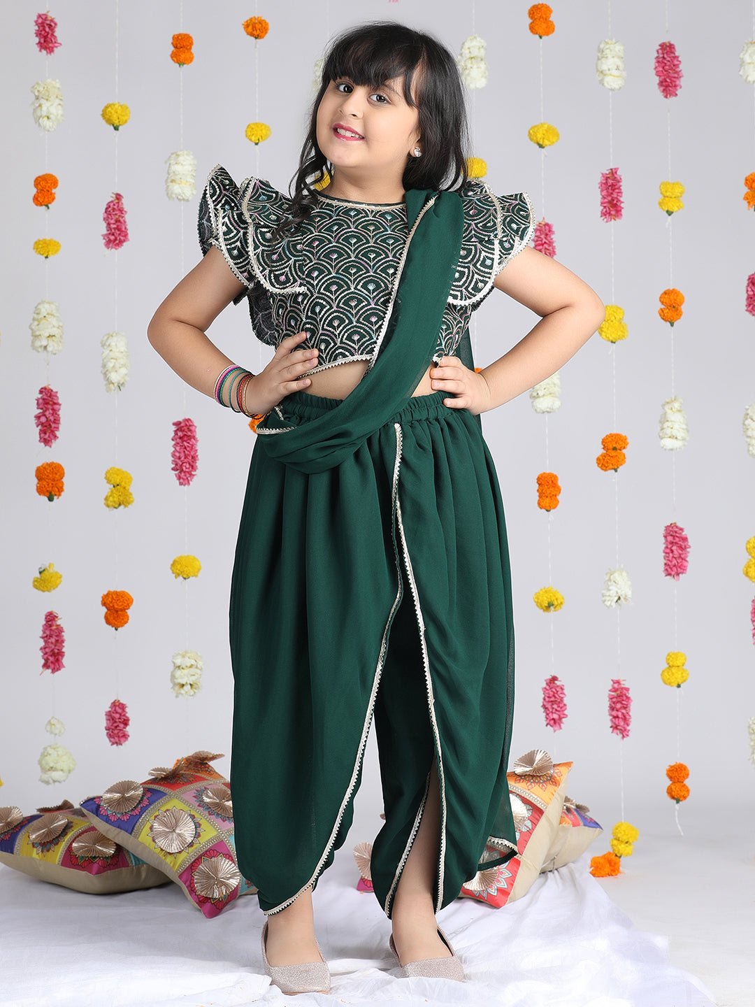 Cutiekins Girls Ethnic Motifs Embroidered Regular Gotta Patti Top with Dhoti Pants & Dupatta -Dark Green & Gold