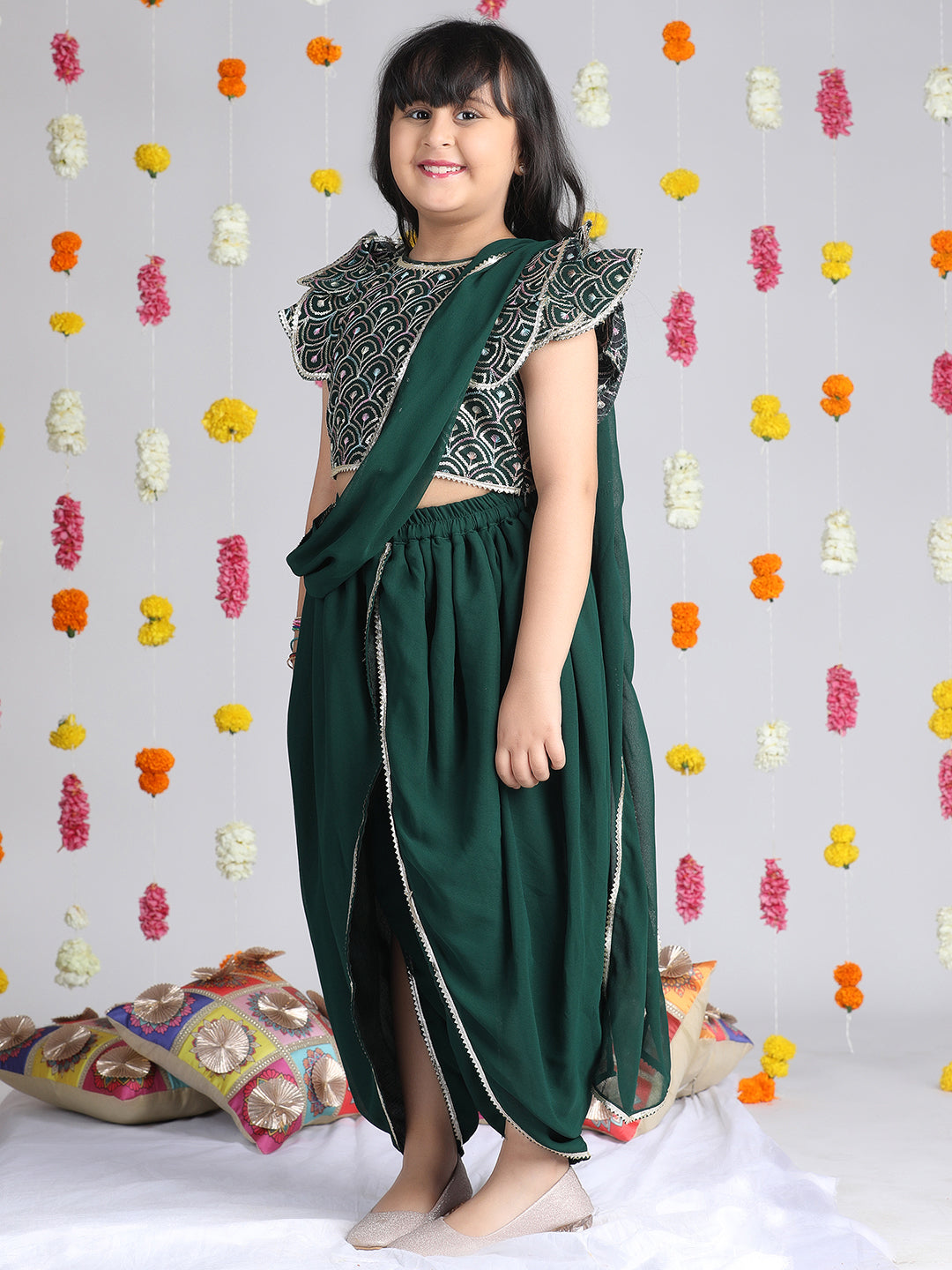 Cutiekins Girls Ethnic Motifs Embroidered Regular Gotta Patti Top with Dhoti Pants & Dupatta -Dark Green & Gold