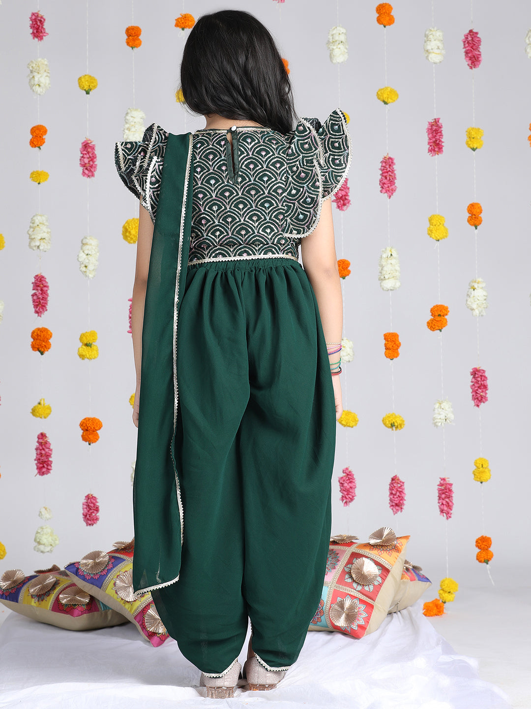 Cutiekins Girls Ethnic Motifs Embroidered Regular Gotta Patti Top with Dhoti Pants & Dupatta -Dark Green & Gold