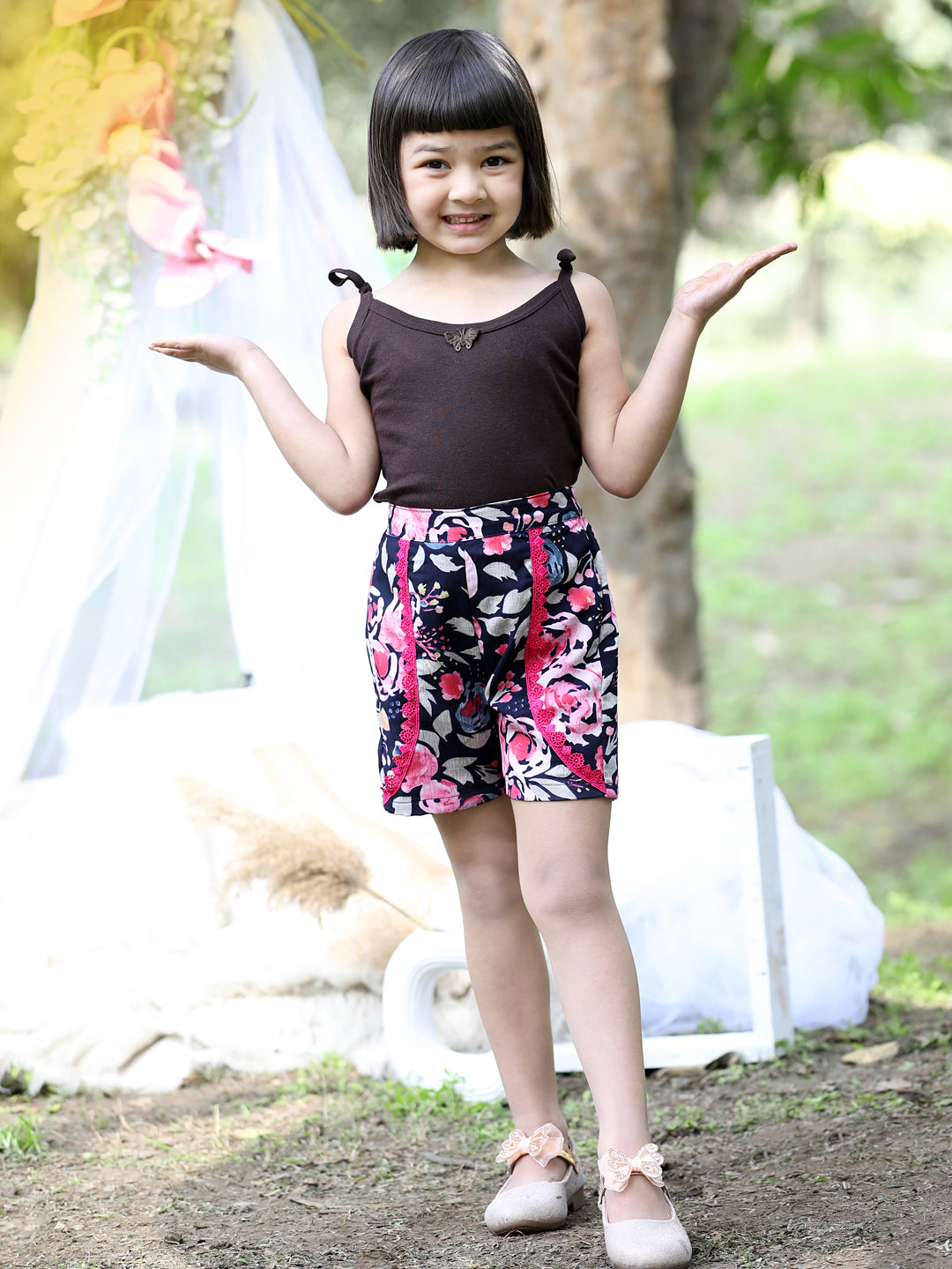 Cutiekins Printed Polyester Regular Shorts-Navy Blue & Pink