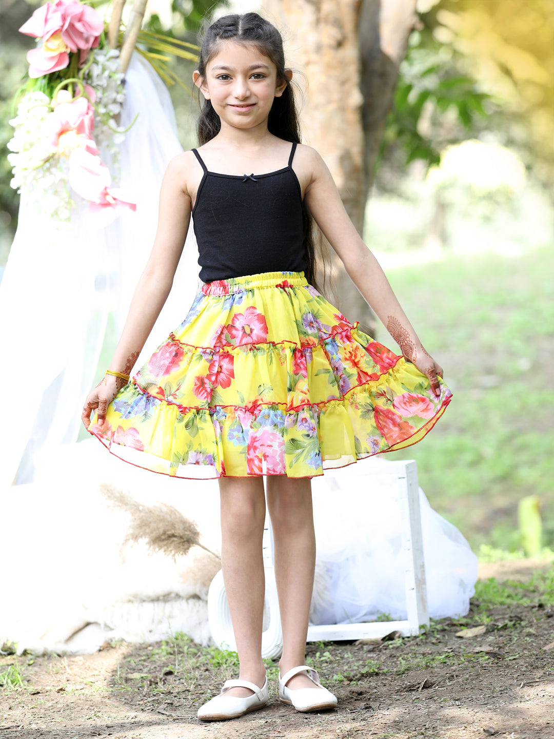 Cutiekins Floral Print Flared Skirts-Lemon Yellow & Pink