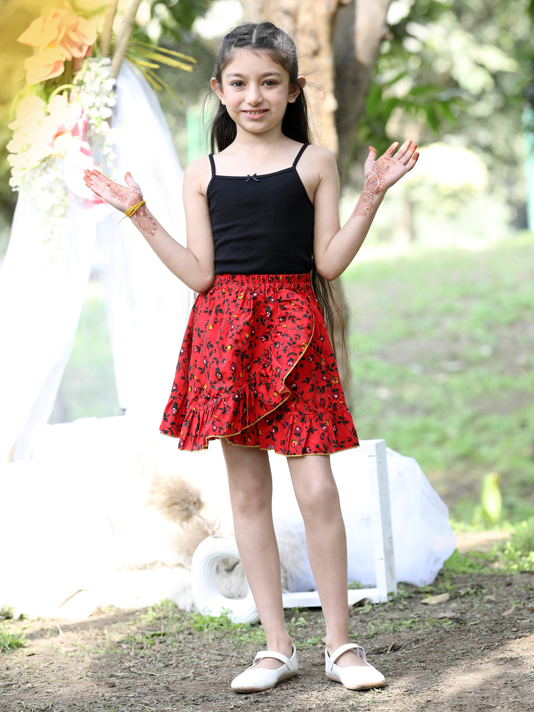 Cutiekins Floral Print Flared Skirts-Red & Yellow