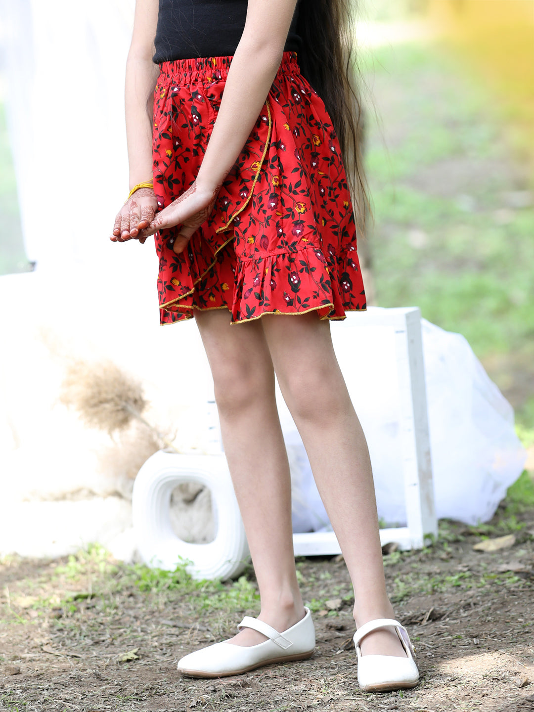 Cutiekins Floral Print Flared Skirts-Red & Yellow