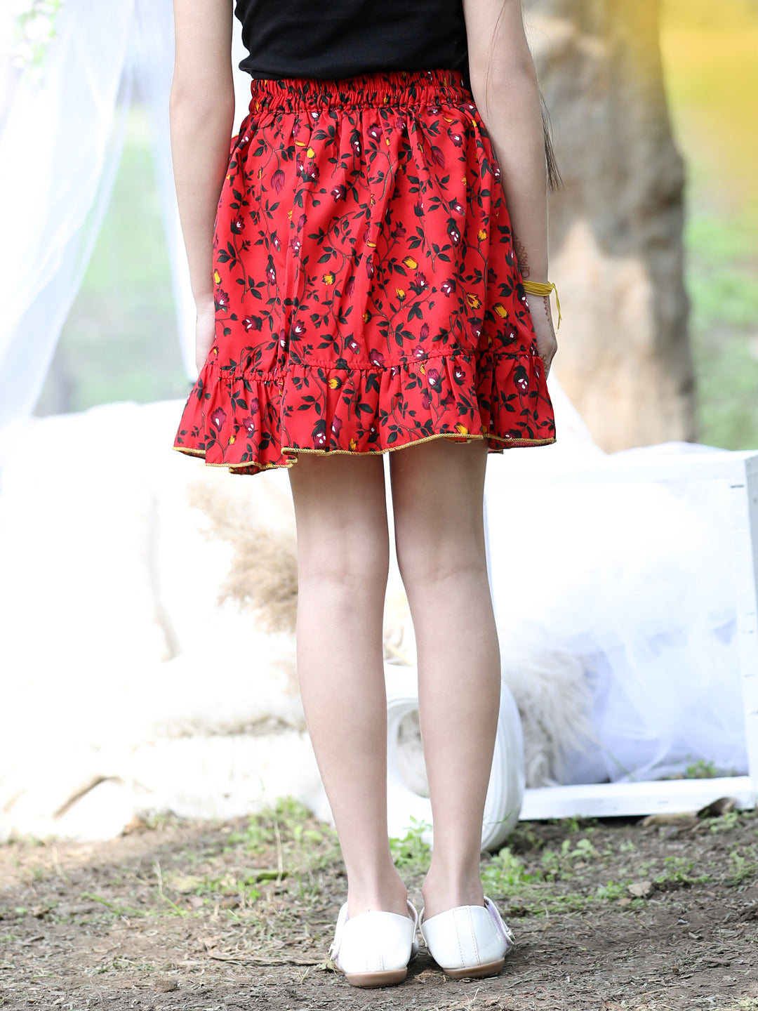 Cutiekins Floral Print Flared Skirts-Red & Yellow