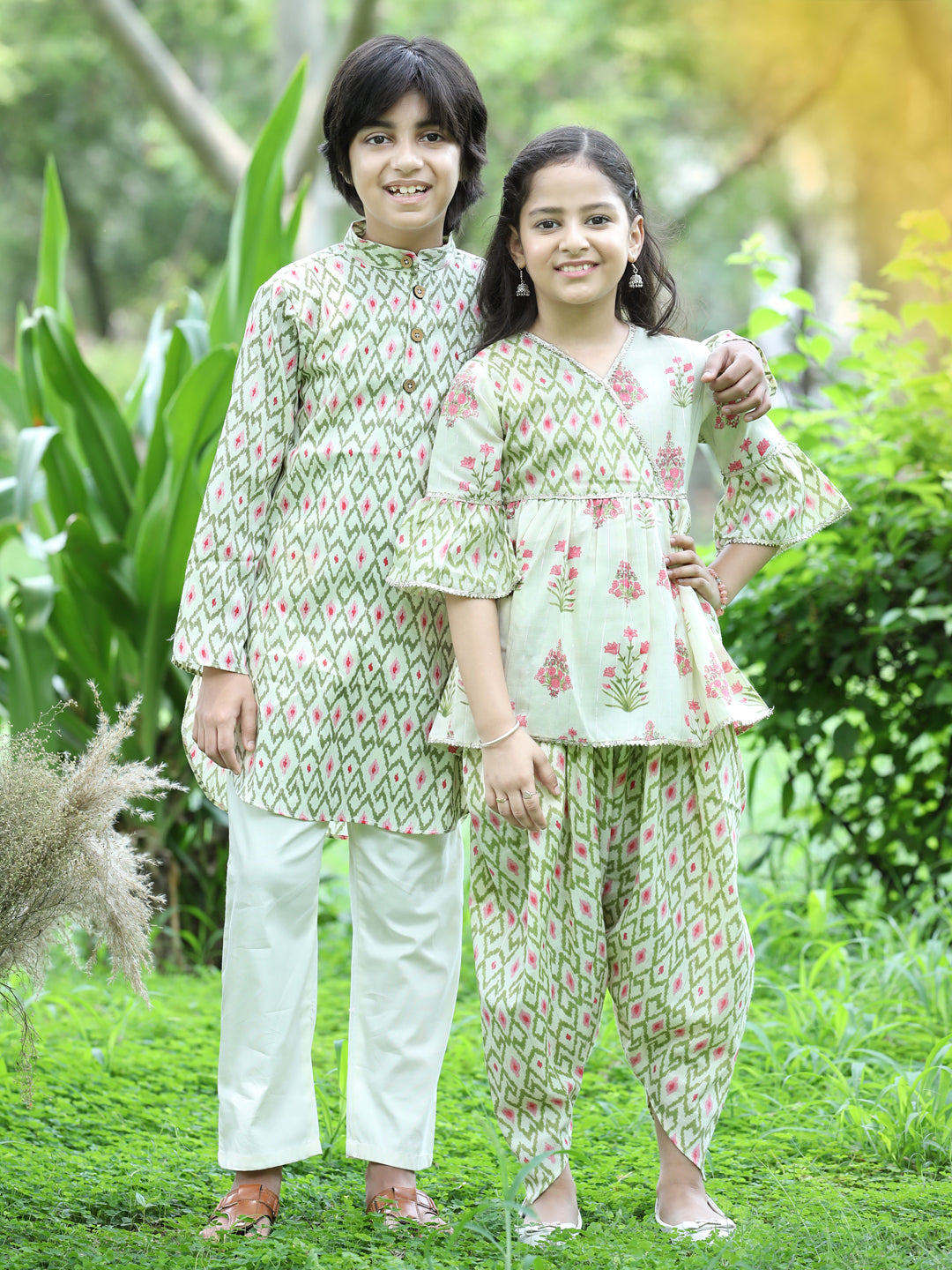 Cutiekins Ethnic Motif Printed Peplum Kurta & Dhoti Set-Light Green & Beige