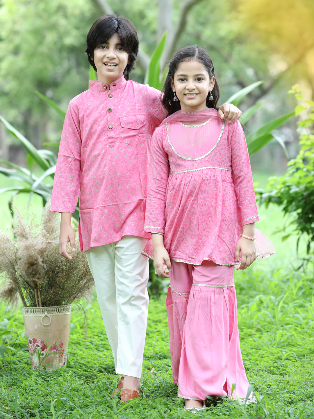 Cutiekins Ethnic Motif Printed Kurta ,Sharara and Dupatta Set-Pink & White