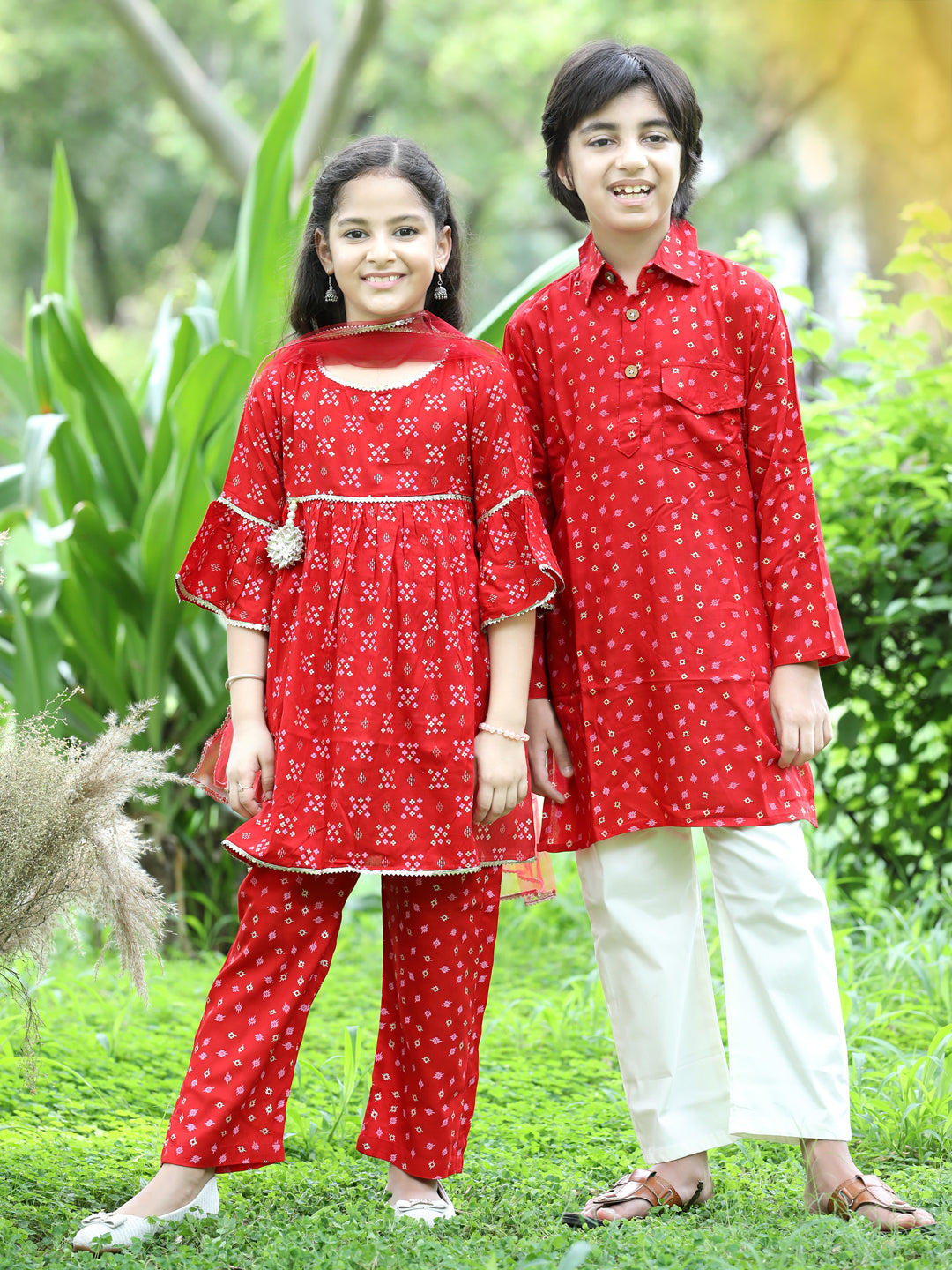 Cutiekins Ethnic Motif Printed A-line Kurta, Palazzos & Dupatta Set-Red & Golden