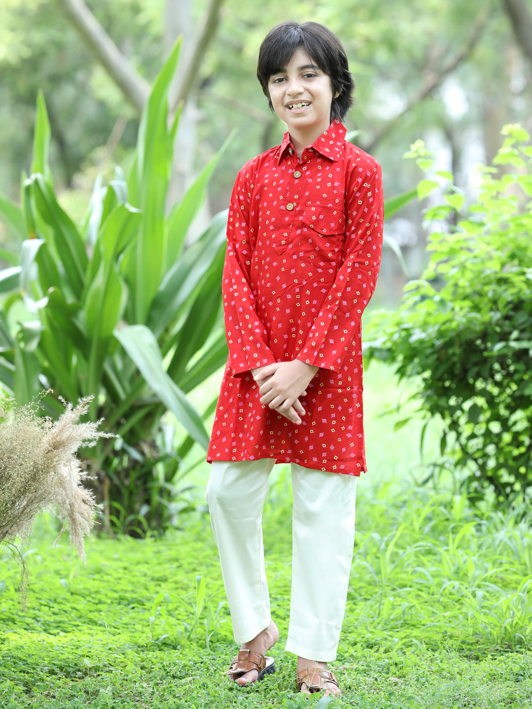 Cutiekins Printed Kurta and Pajama Set-Red & Off White