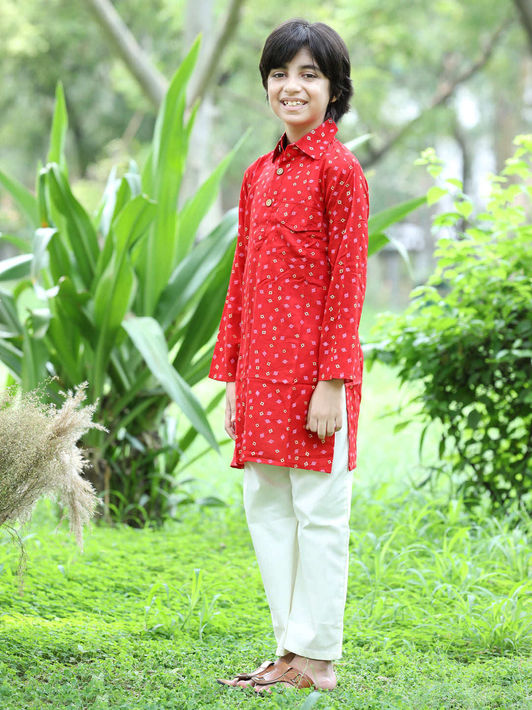 Cutiekins Printed Kurta and Pajama Set-Red & Off White