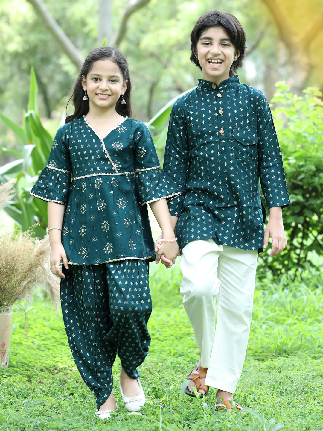 Cutiekins Ethnic Motif Printed Peplum Kurta & Dhoti Set-Teal Blue & Gold