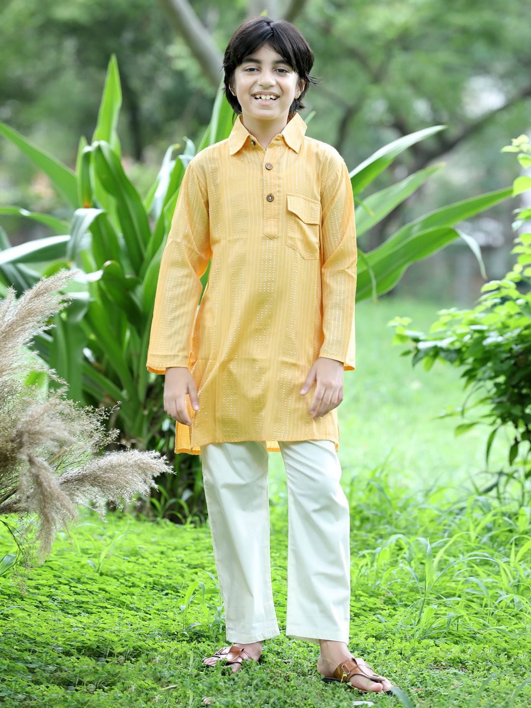 Cutiekins Self Design Kurta and Pajama Set-Mustard & Off White