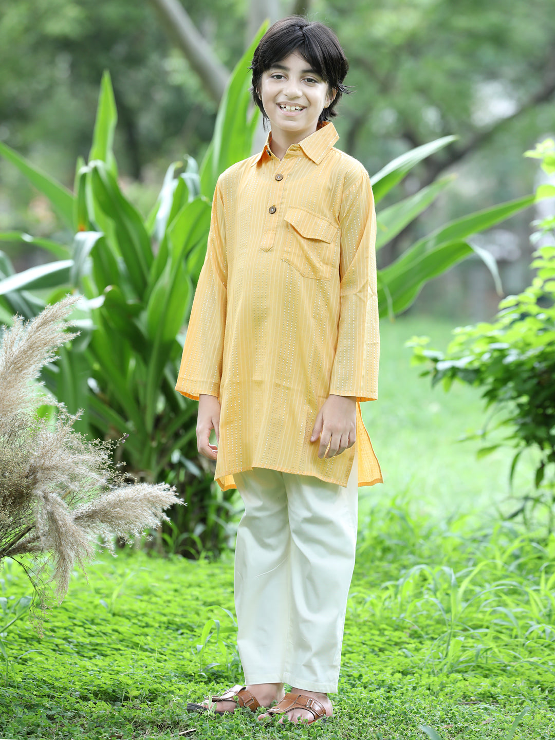 Cutiekins Self Design Kurta and Pajama Set-Mustard & Off White
