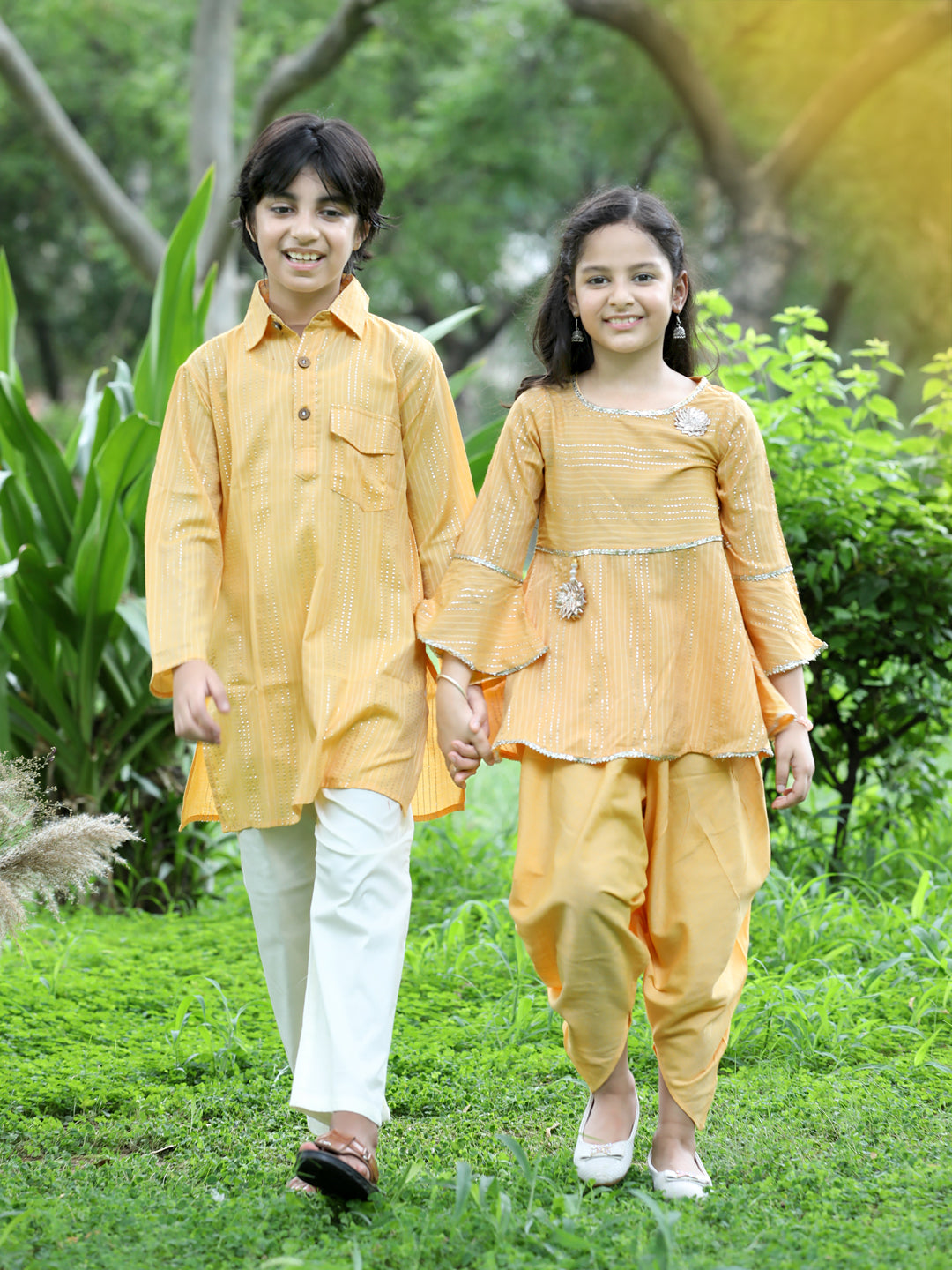 Cutiekins Ethnic Motif Printed Peplum Kurta & Dhoti Set-Mustard & Gold